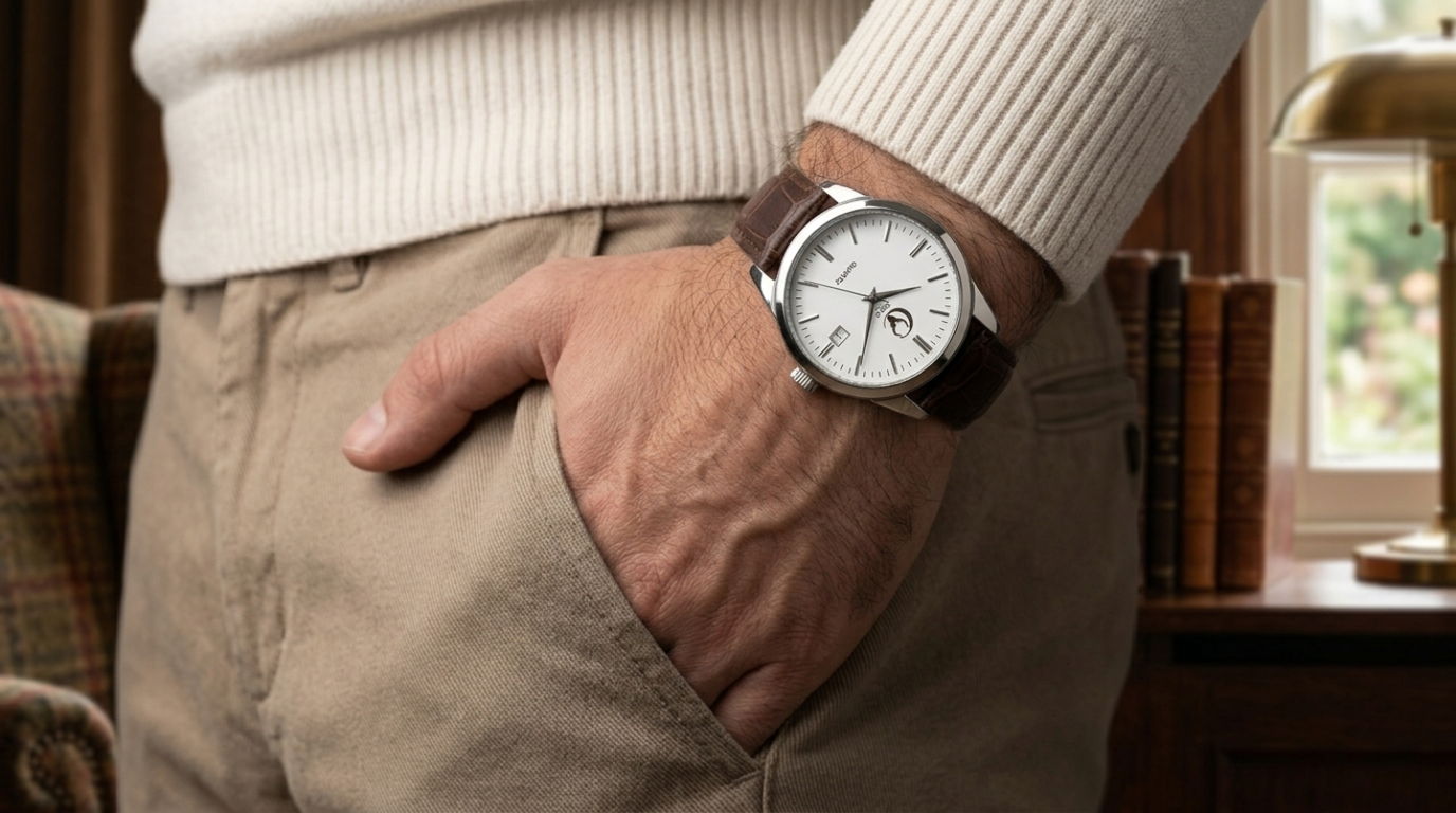 Campeón - Silver / Brown Crocodile Leather Strap Quartz Watch 38mm